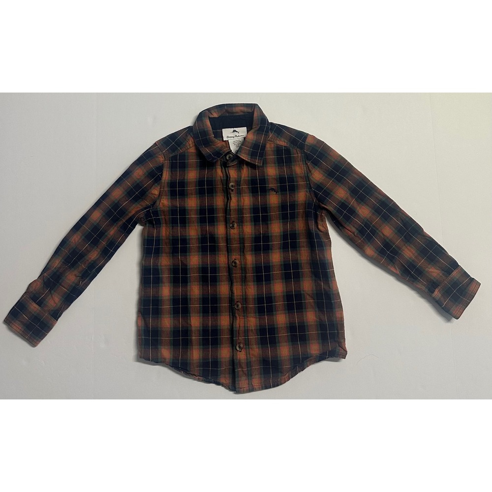 Tommy Bahama Boys Plaid Button Down Shirt Orange Navy Blue Size S 5/6
